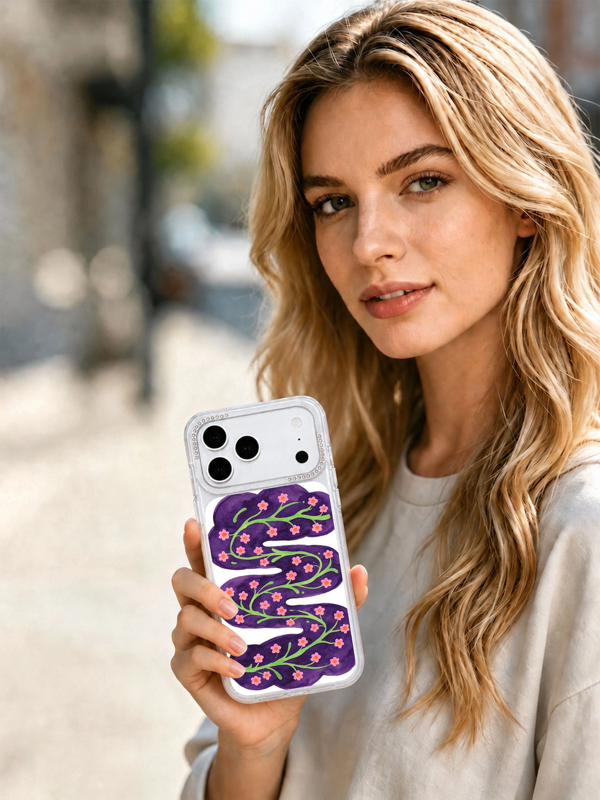 Stellar vine drift PhoneCasing iPhone 17 Pro Max case magenta berry flowers with warm orange glowing centers floating across violet fields