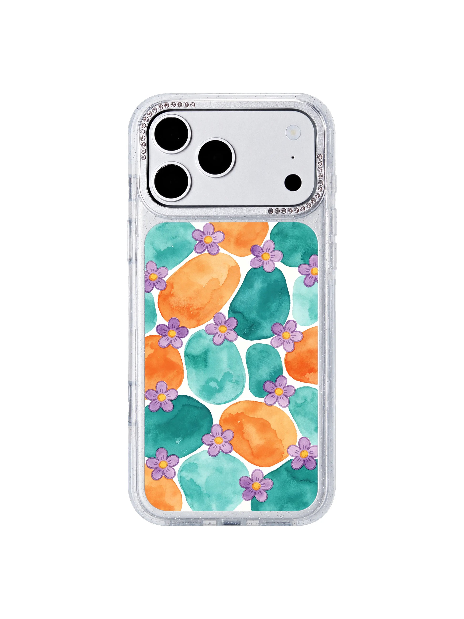 Tangerine tide purple floral drift PhoneCasing iPhone 17 Pro Max case with flowing teal waves, warm orange ripples and drifting violet dream flowers by artist Lila Marrow