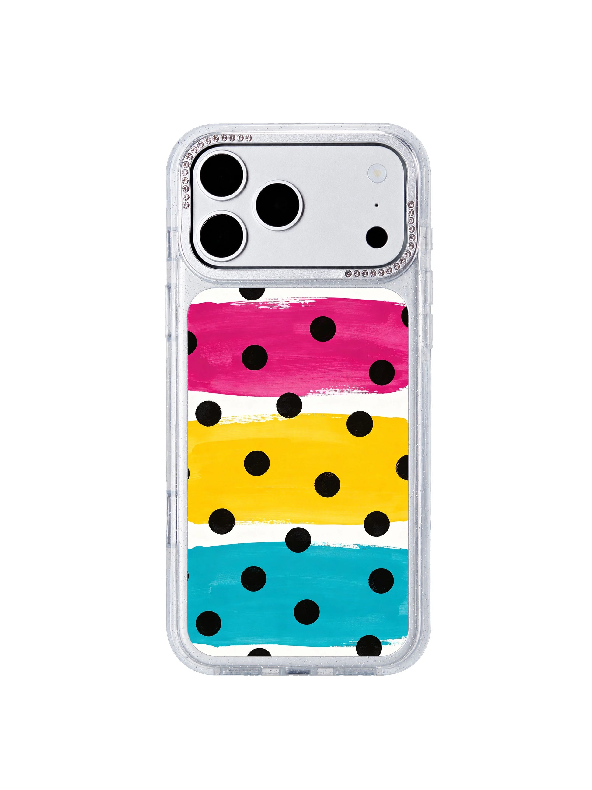 Tricolor dot march PhoneCasing iPhone 17 Pro Max case with bold magenta yellow teal stripes and rhythmic black dots by artist Lila Marrow
