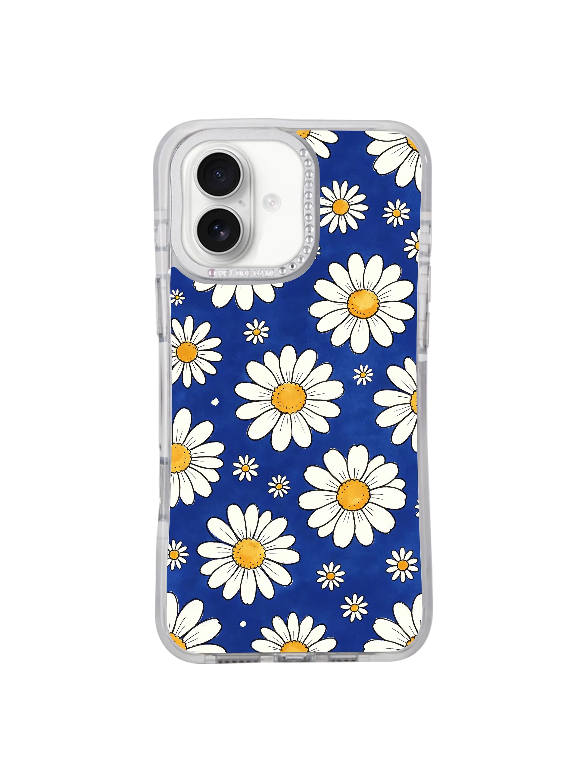 Macro reinforced anti-impact silicone corner detail on Blue Big Small Daisy Rhythm iPhone 17 casing, shock absorbing slim durable PhoneCasing protective structure engineered for iPhone 17.