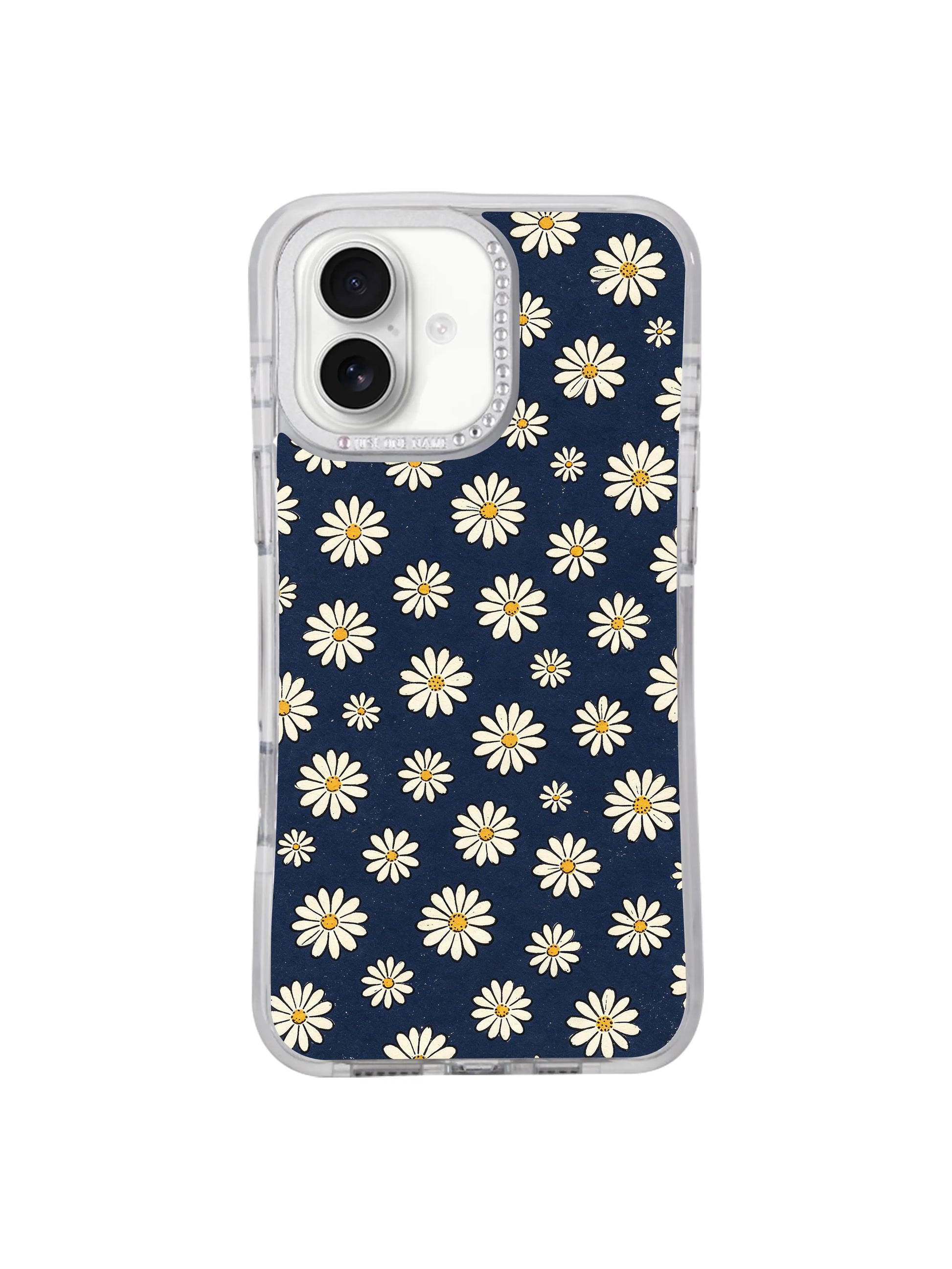 Retro Navy Daisy Wallpaper vintage floral iPhone 17 casing from PhoneCasing, dense repeating white daisy print on deep navy matte backdrop, original Solea Meadow artwork front studio hero shot for iPhone 17.