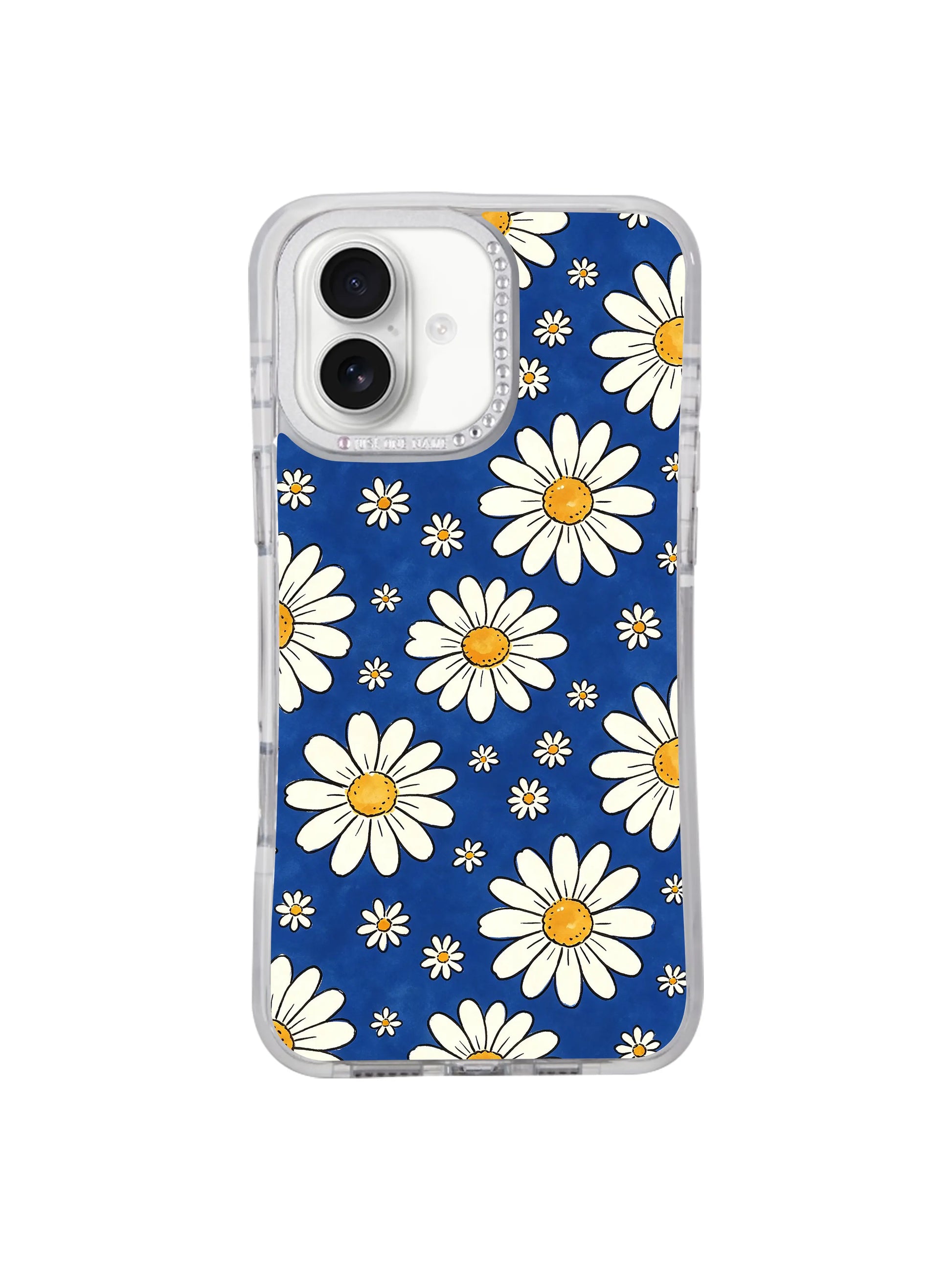 Pattern detail closeup rounded soft petals and warm vintage golden daisy centers Blue Big Small Daisy Rhythm iPhone 17 casing, balanced rhythm floral style illustrated by Solea Meadow for PhoneCasing iPhone 17.