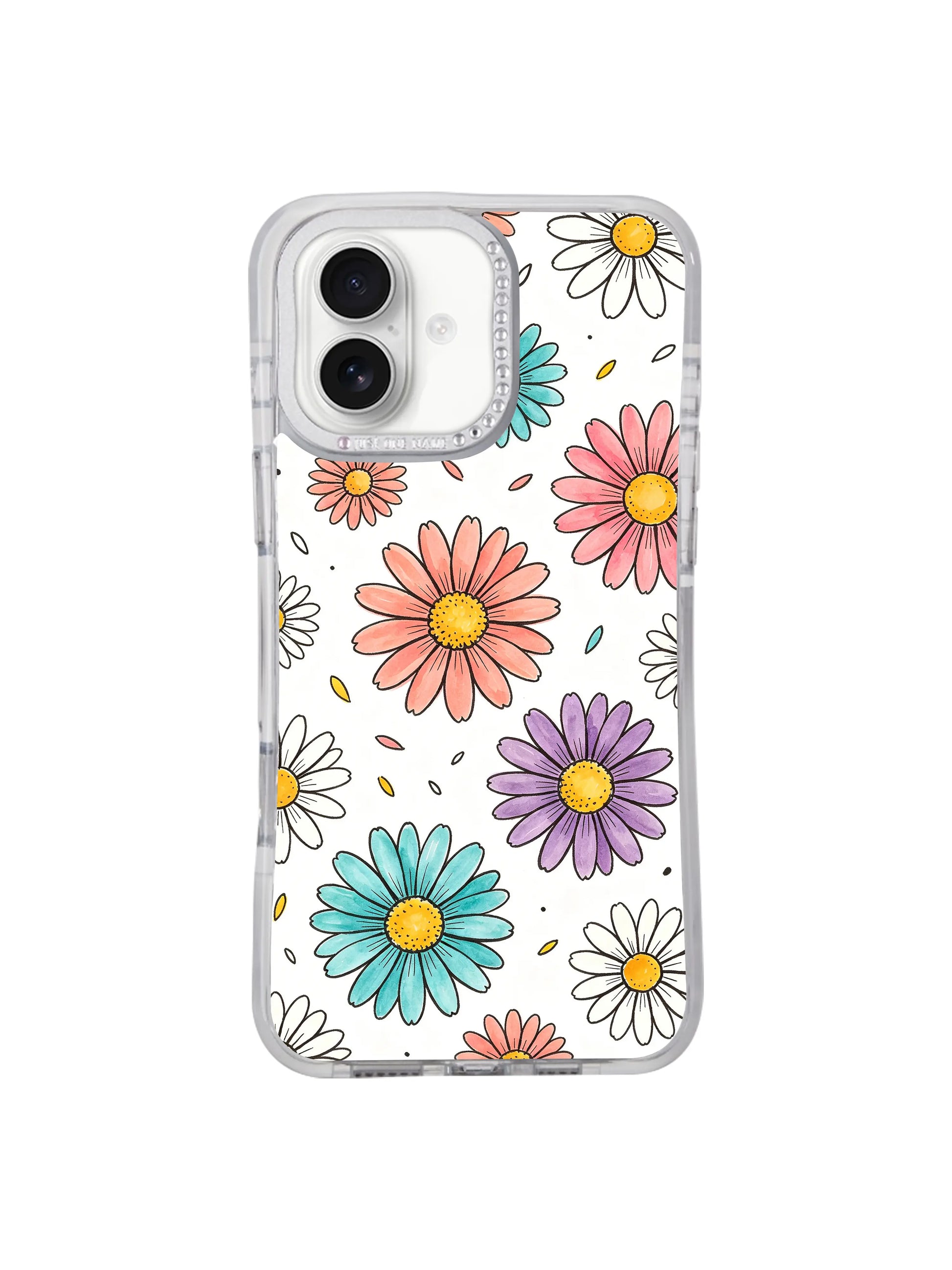 Full flat lay seamless scattered falling multi-tone daisy rain pattern iPhone 17 casing by PhoneCasing, mixed orange, blush pink, mint teal, lavender & tiny white daisies fresh uncluttered aesthetic built for iPhone 17.