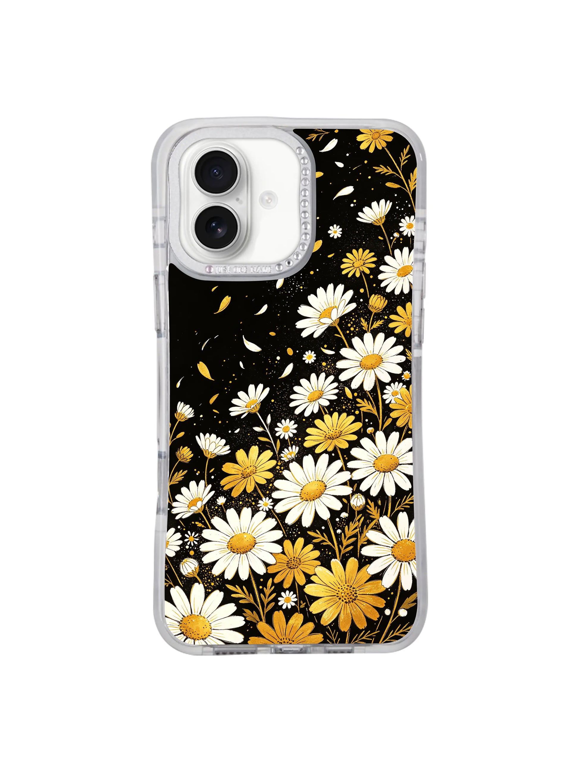 Ultra slim lightweight low-profile Night Bloom Dots dark moody daisy iPhone 17 casing, thin daily-use PhoneCasing case fully compatible with iPhone 17 wireless MagSafe charging.