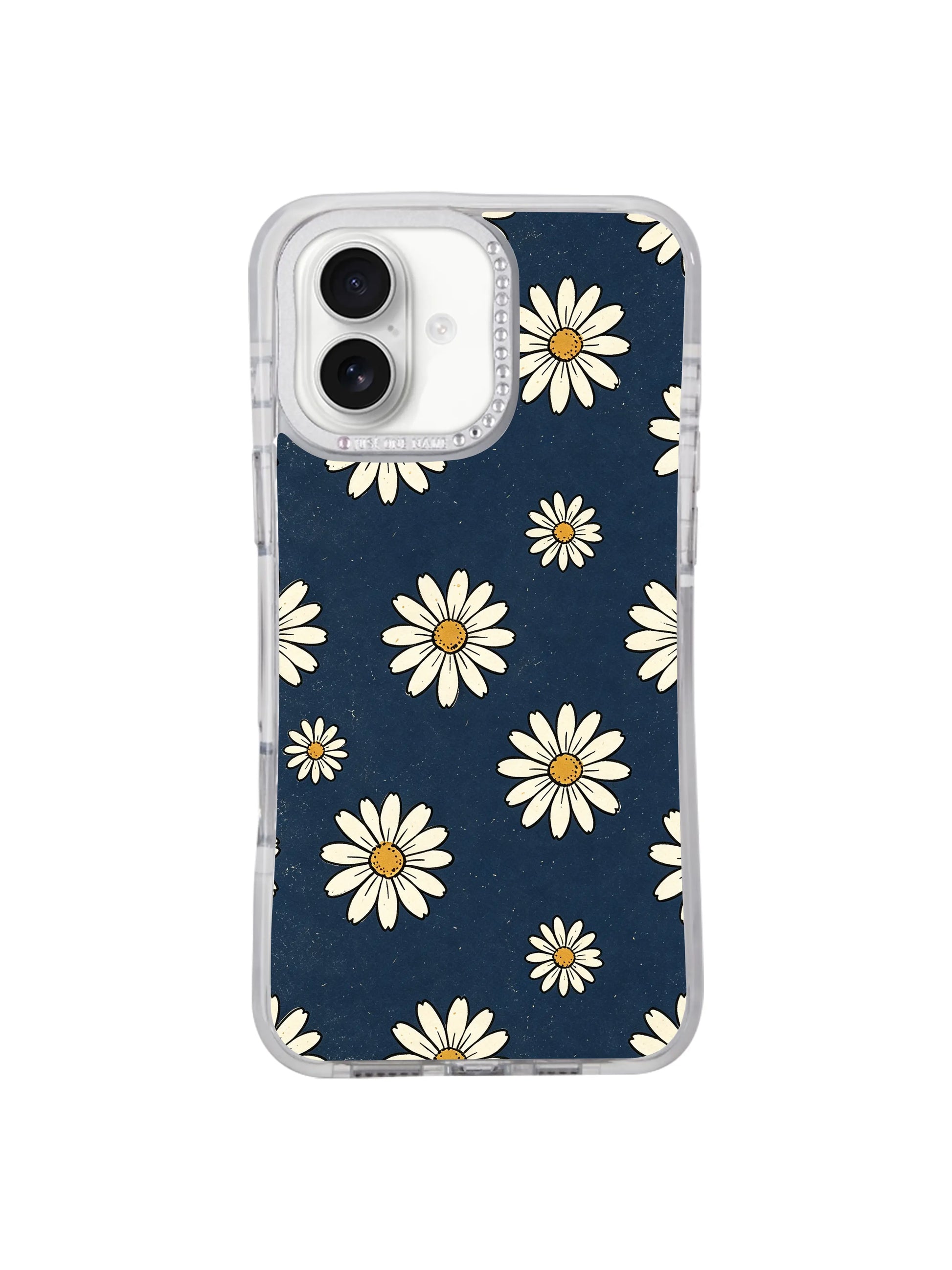 Side profile slim transparent hourglass bumper iPhone 17 casing from PhoneCasing, Retro Navy Daisy Wallpaper understated mature floral print lightweight fit for iPhone 17.