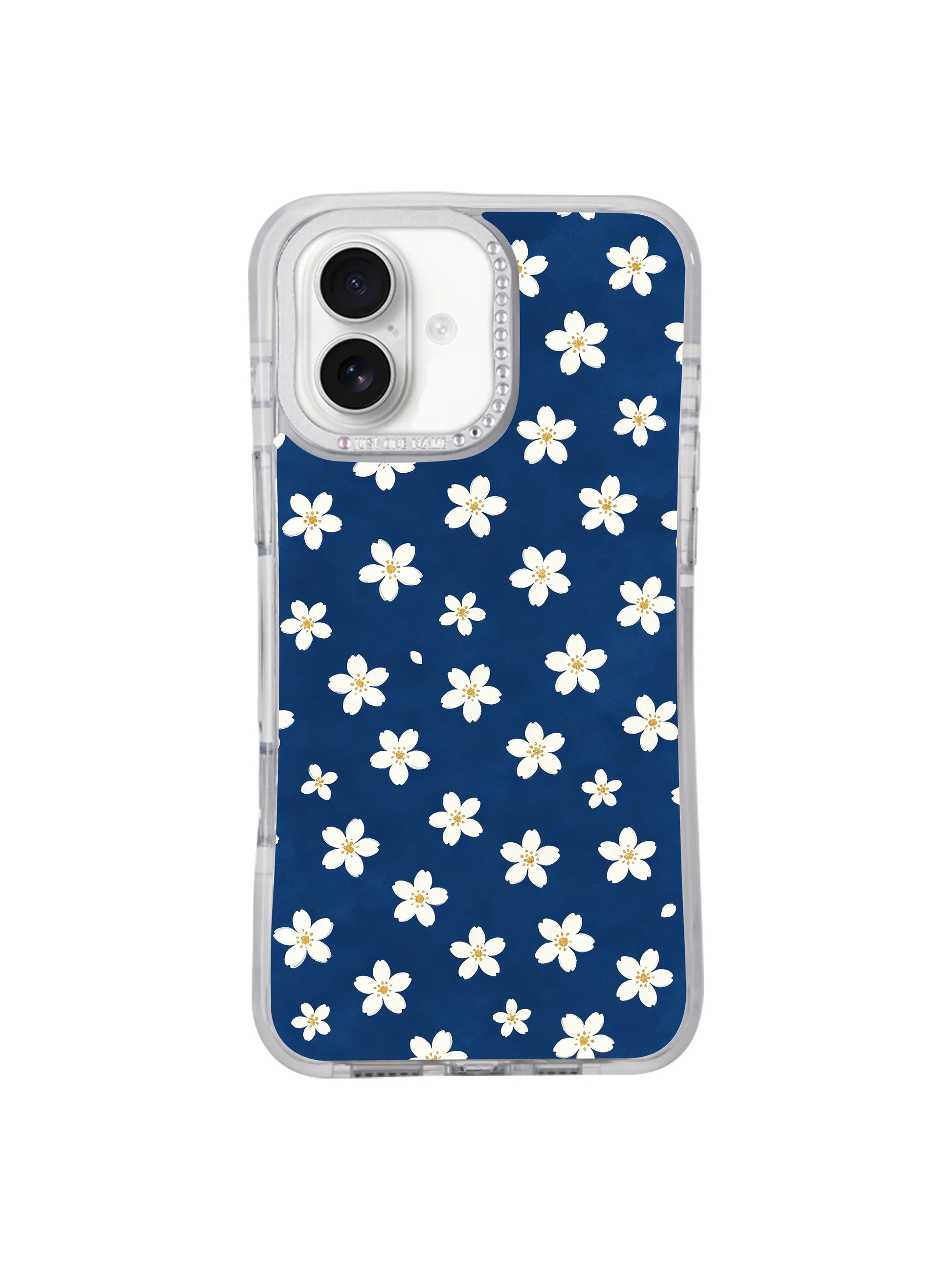 Full flat lay sparse scattered mini white daisy seamless pattern iPhone 17 casing by PhoneCasing, restrained quiet floating floral aesthetic with subtle golden centers built for iPhone 17.