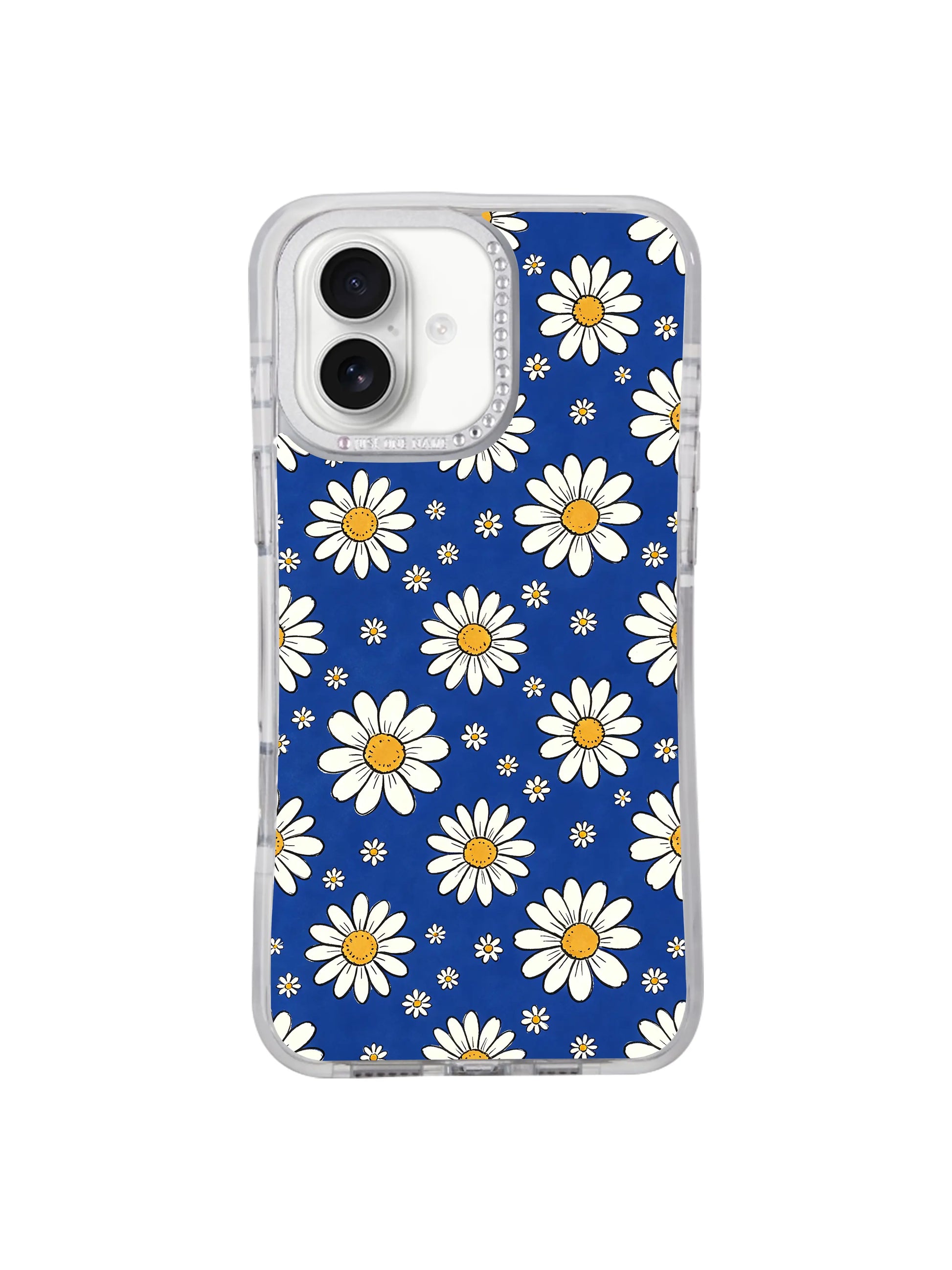 Pattern layout detail shot symmetrical alternating large and mini daisy rhythm Blue Big Small Daisy Rhythm iPhone 17 casing, lively uncluttered floral composition unique to PhoneCasing iPhone 17.