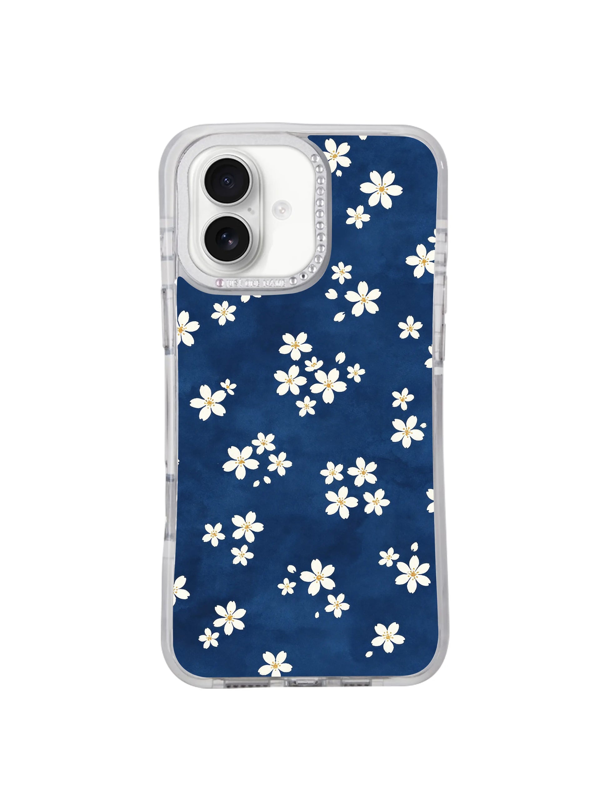 Side profile slim transparent hourglass shockproof bumper iPhone 17 casing from PhoneCasing, Deep Sea Little Daisies cool muted minimalist floral print lightweight fit for iPhone 17