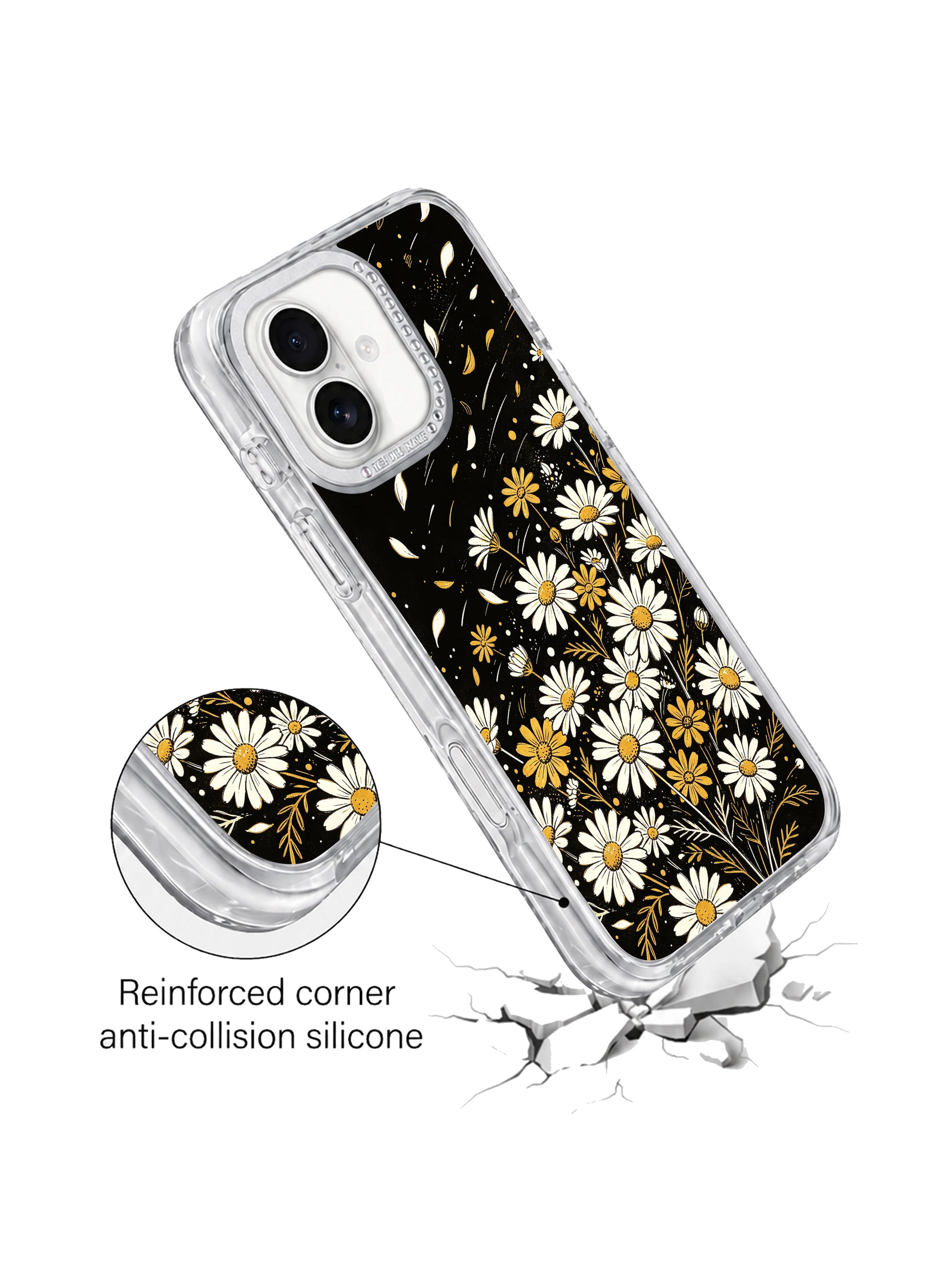 Side profile slim transparent hourglass anti-drop shock bumper iPhone 17 casing from PhoneCasing, Night Bloom Dots dark cool independent floral print lightweight daily fit for iPhone 17.