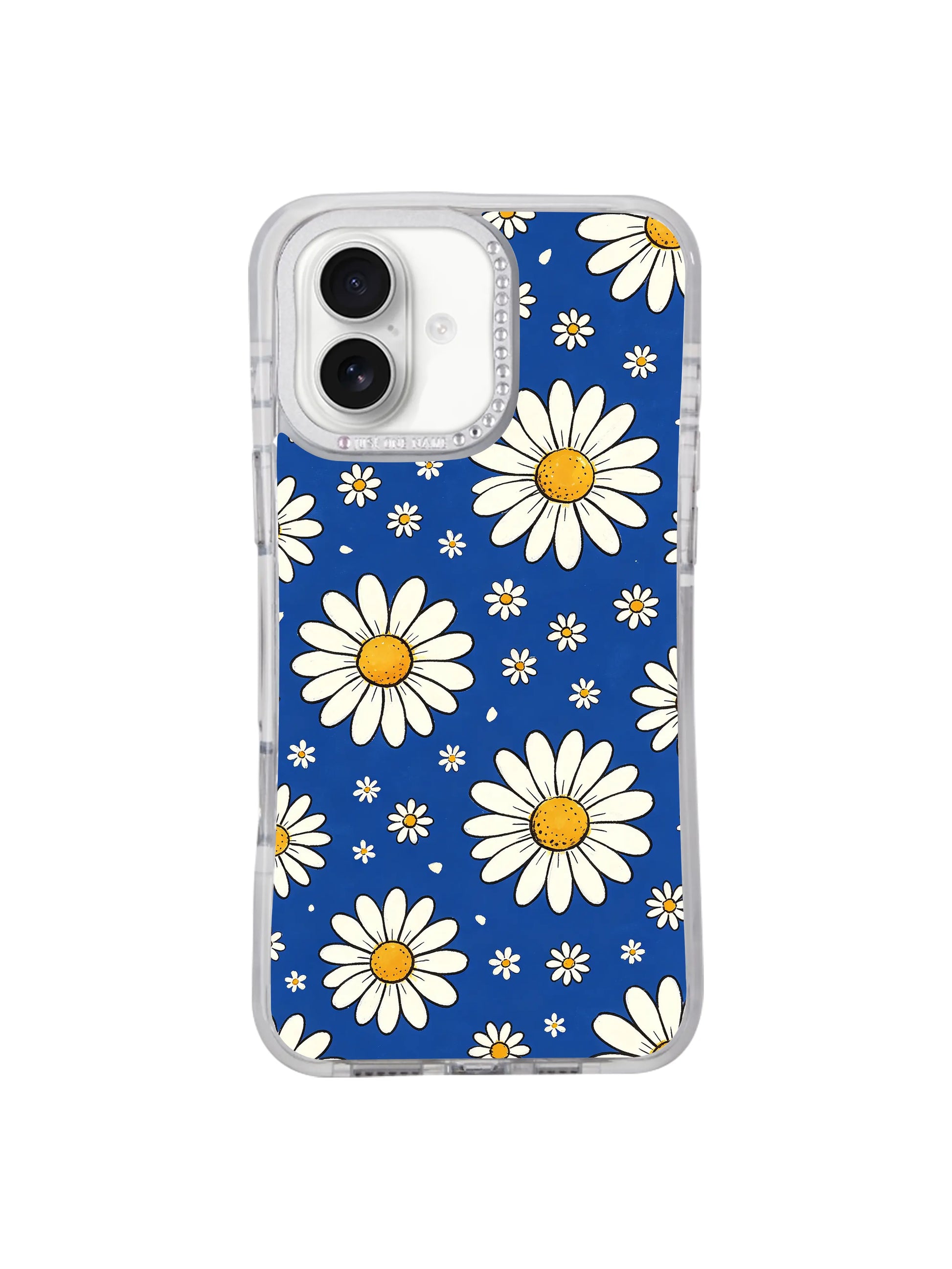 Side profile slim transparent hourglass anti-drop bumper iPhone 17 casing from PhoneCasing, Blue Big Small Daisy Rhythm balanced two-size daisy print thin daily fit for iPhone 17.