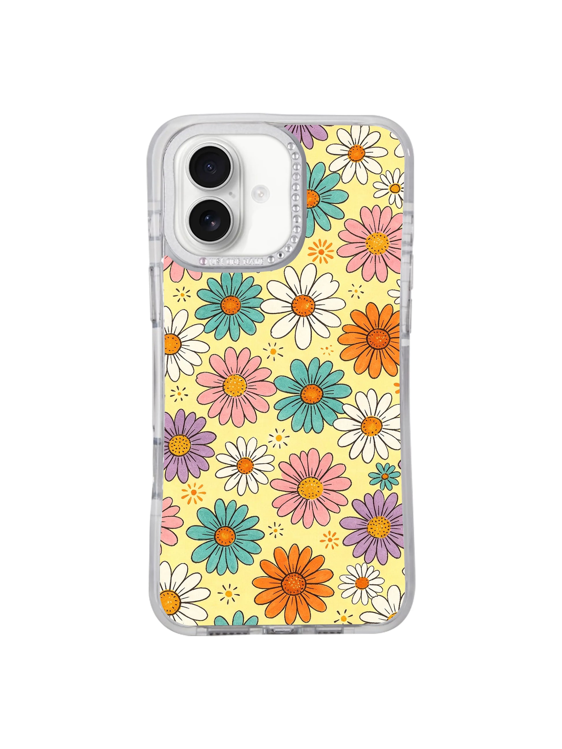Pattern layout detail shot mixed large & tiny multi-toned daisy scattered spring arrangement Buttercream Color Bloom iPhone 17 casing, light carefree floral composition unique to PhoneCasing iPhone 17.