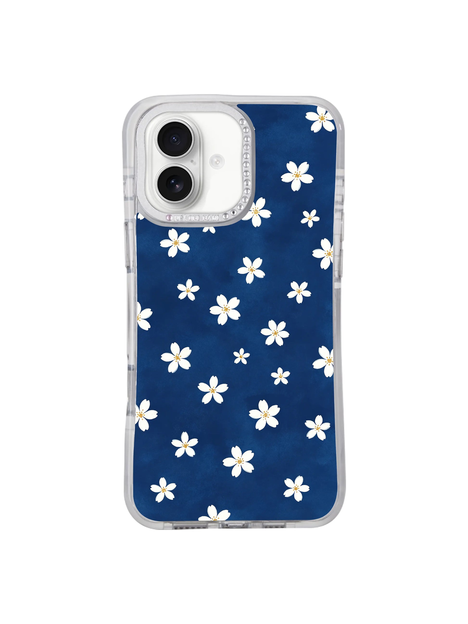 Pattern detail shot mixed size floating tiny & medium white daisy arrangement Deep Sea Little Daisies iPhone 17 casing, gentle uncluttered floral layout unique to PhoneCasing iPhone 17.