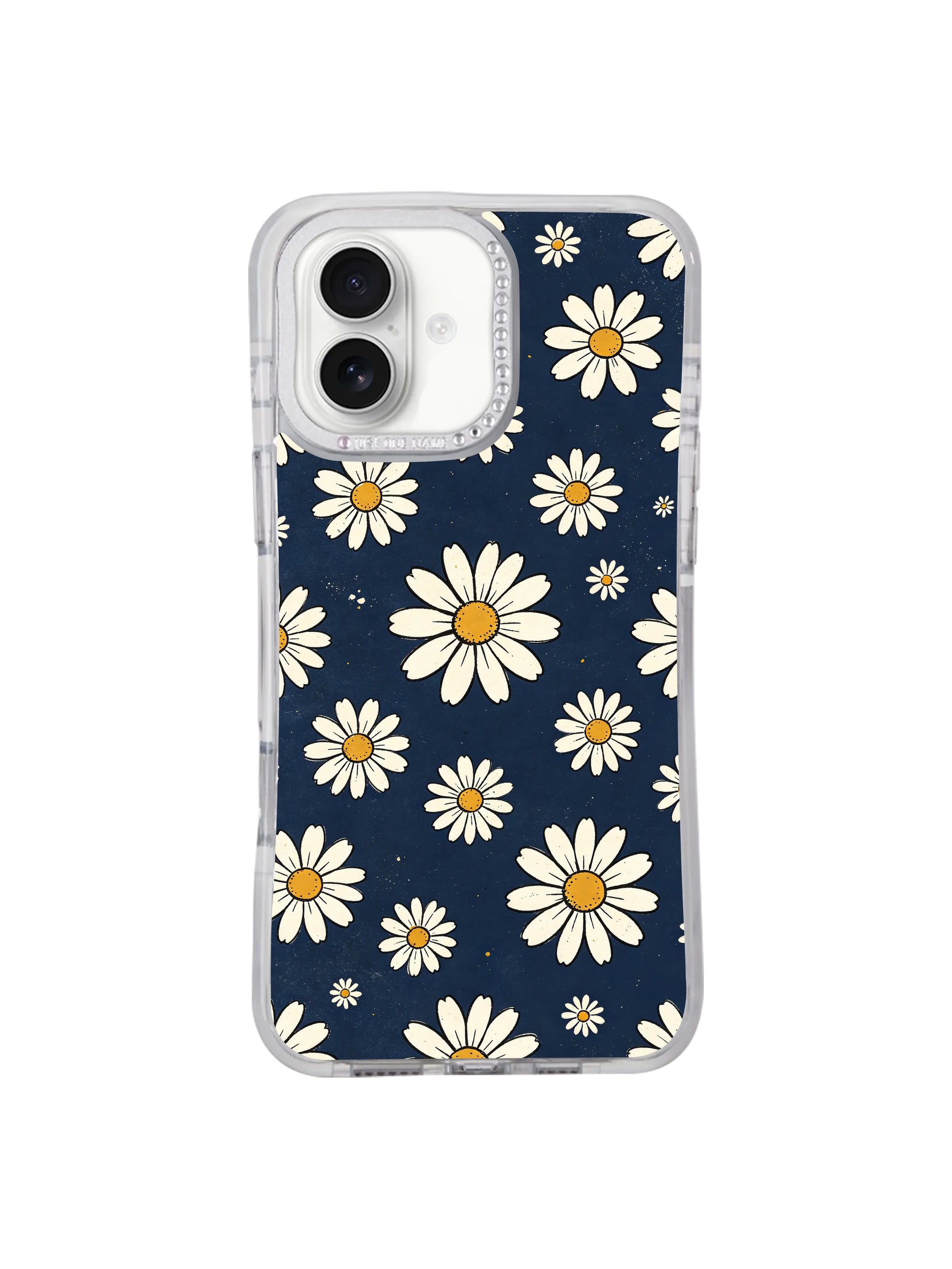 Texture closeup retro paper grain daisy pattern Retro Navy Daisy Wallpaper iPhone 17 casing, hand drawn Solea Meadow subtle aged print unique to PhoneCasing iPhone 17.