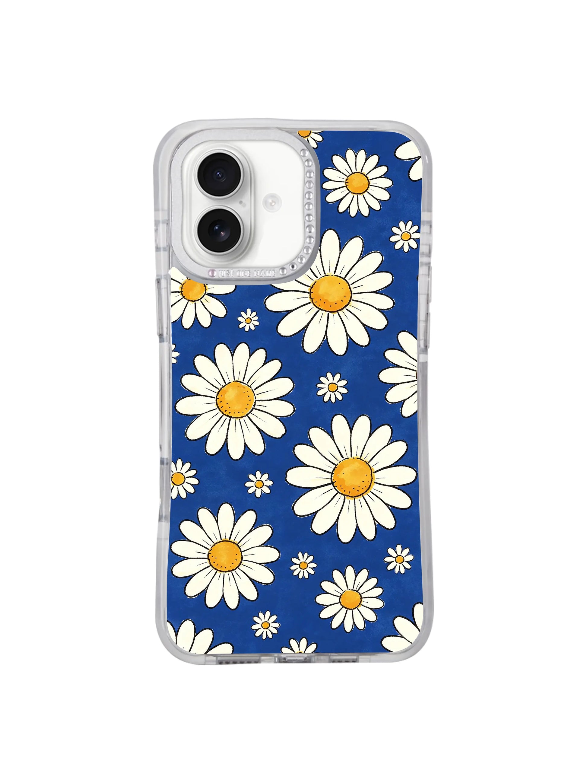 Macro closeup soft watercolor paper grain texture of Blue Big Small Daisy Rhythm iPhone 17 casing, rounded simple petal minimalist daisy illustration exclusive wearable art from PhoneCasing for iPhone 17 users.