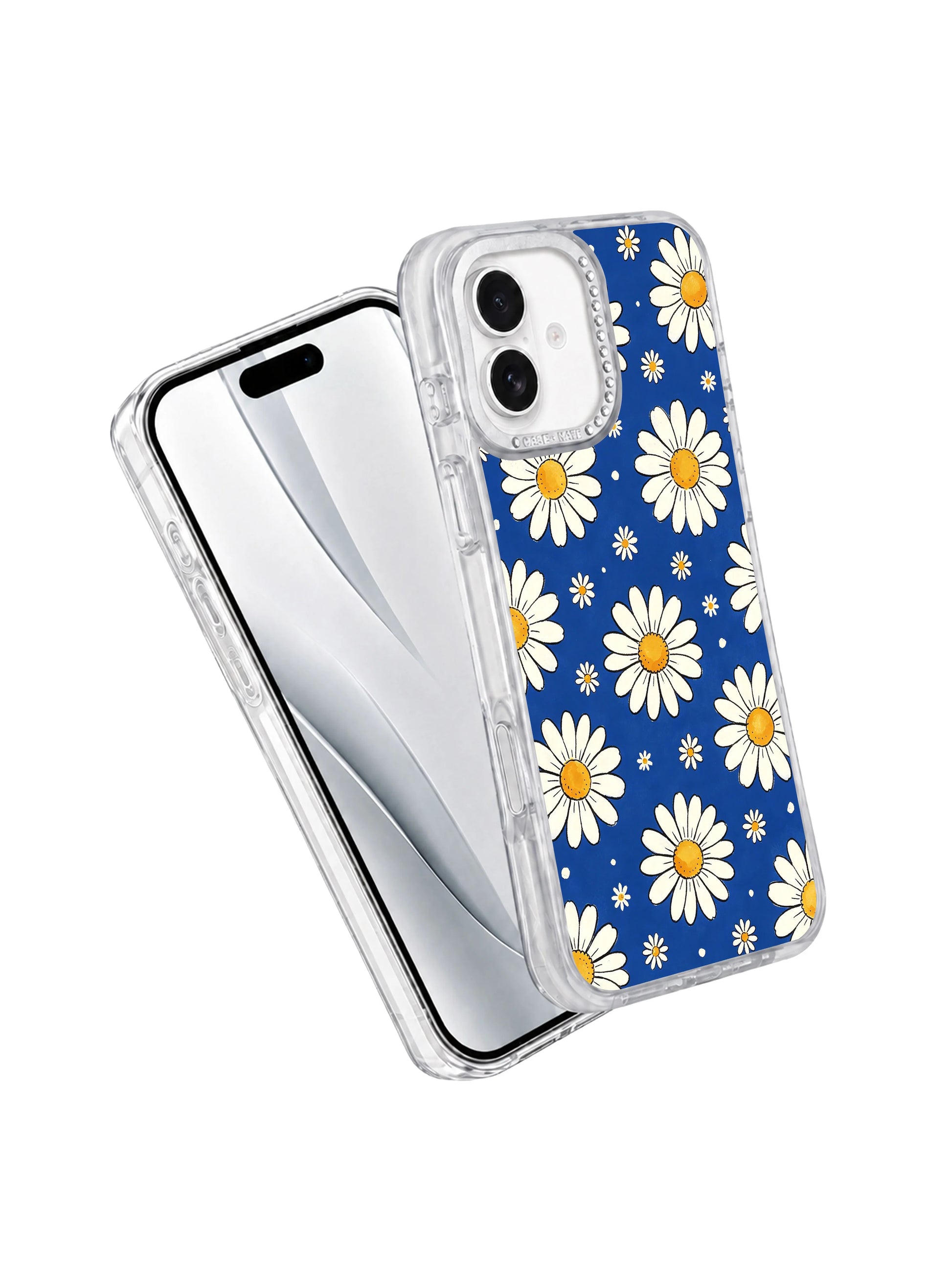 Drop impact protection demo shot Blue Big Small Daisy Rhythm iPhone 17 casing, flexible transparent anti-break hourglass bumper PhoneCasing shell fully shielding iPhone 17 from falls.