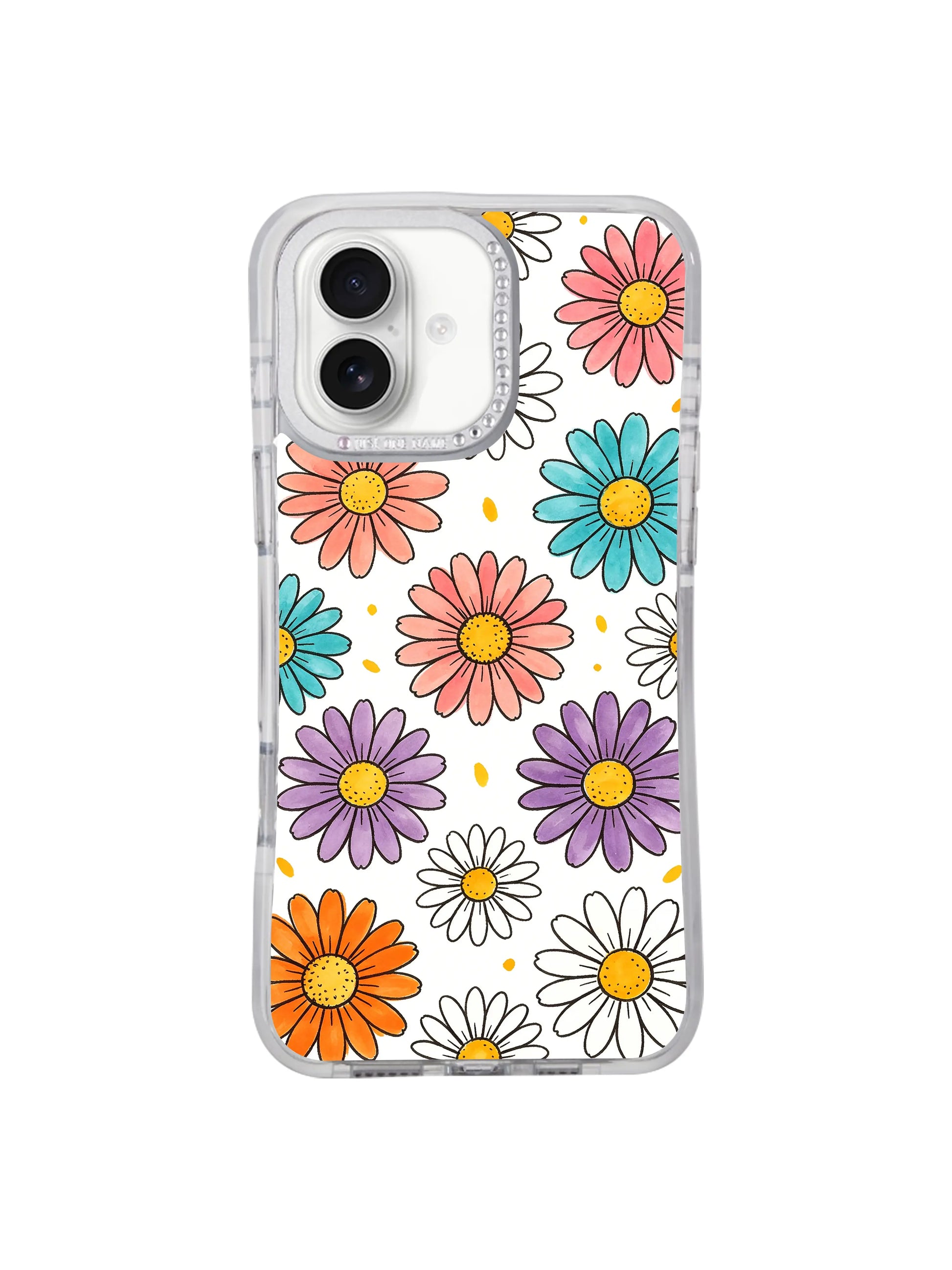 Side profile slim transparent hourglass anti-drop shock bumper iPhone 17 casing from PhoneCasing, Color Daisy Rain airy scattered rainbow daisy print ultra-thin daily lightweight fit for iPhone 17.