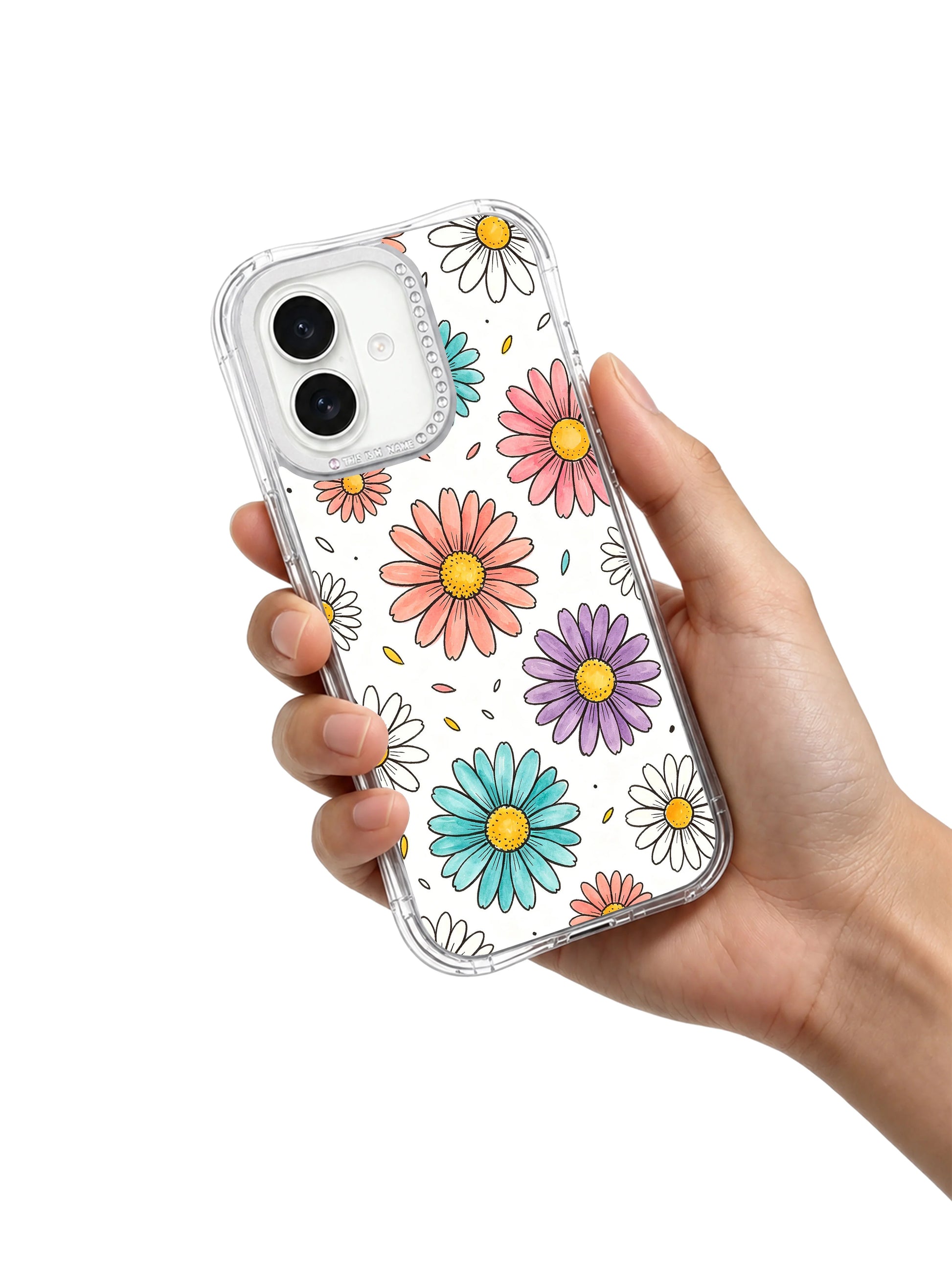Ultra slim lightweight low-profile Color Daisy Rain floating multicolor daisy iPhone 17 casing, thin daily-use breathable PhoneCasing case fully compatible with iPhone 17 MagSafe wireless charging.