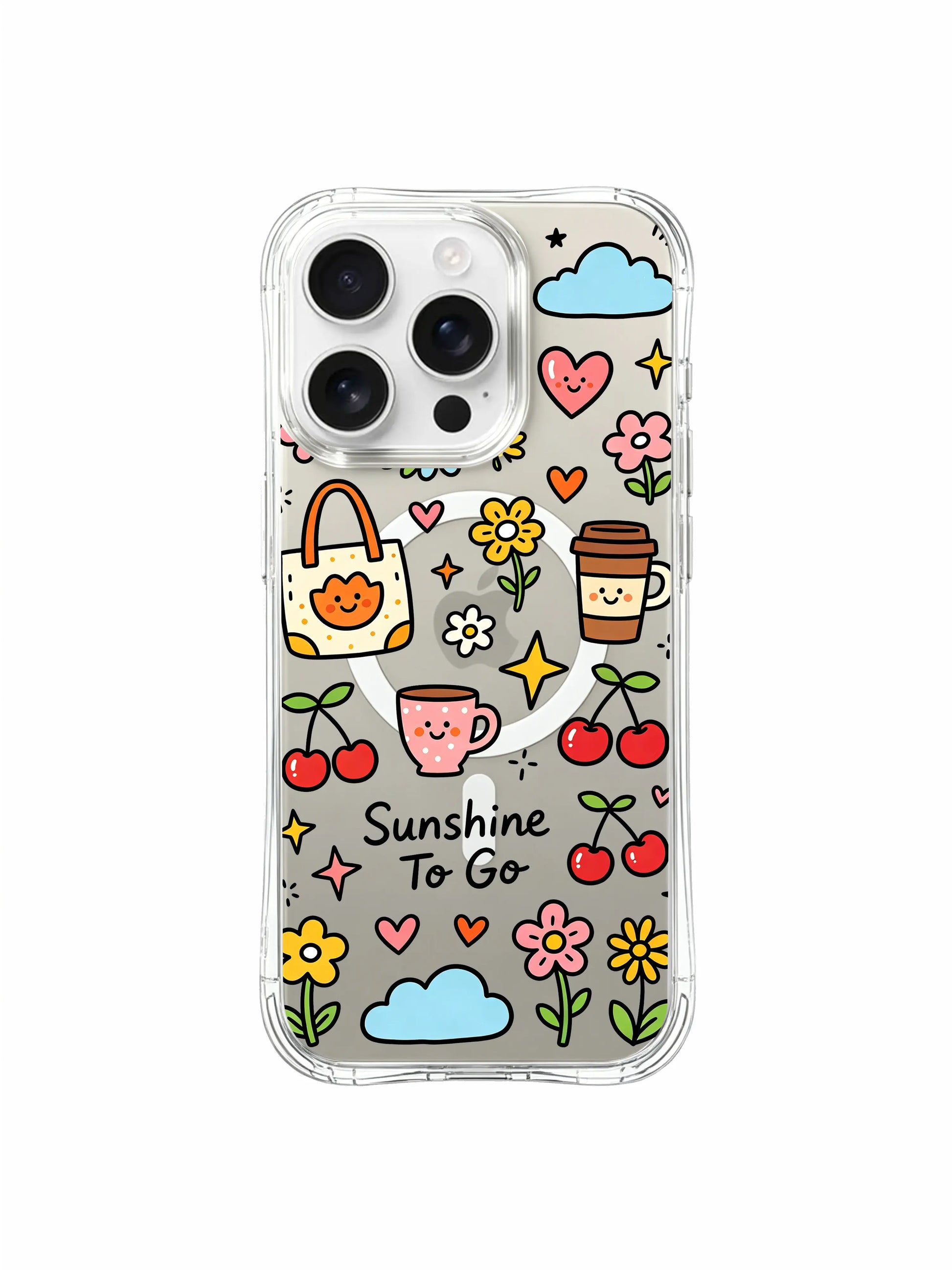 PhoneCasing iPhone 16 Pro Max clear protective case with tote bag and cherry doodles, anti-drop MagSafe cover