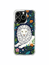 White lion beneath jade leaves and orange flowers artwork on an iPhone 13 Pro case