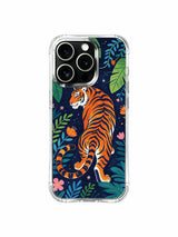 Fresh jade green monstera & palm leaves surrounding starfield night tiger iPhone 13 pro Case from PhoneCasing, long-lasting daily-use iPhone 13 pro casing, exotic nighttime jungle map themed art phone cover.
