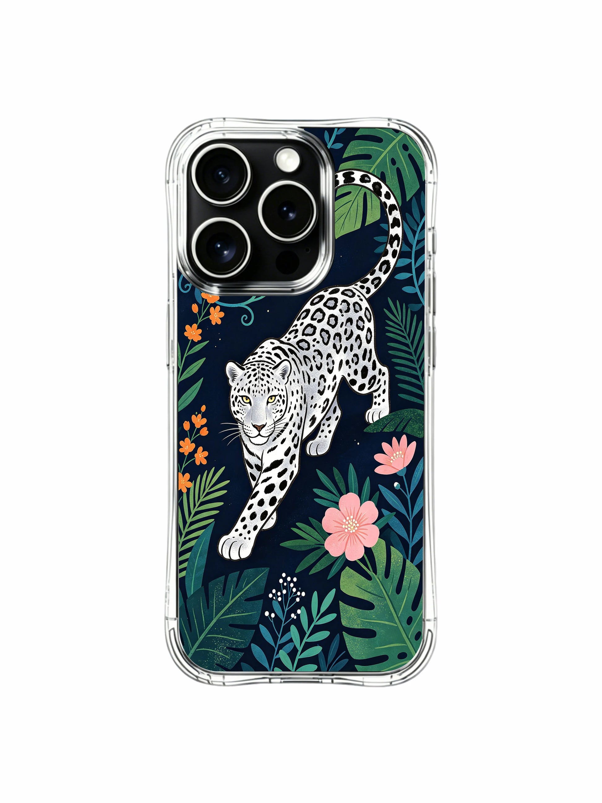 Fresh jade green palm leaves surrounding midnight silver jungle leopard iPhone 13 pro Case from PhoneCasing, wear-resistant daily-use iPhone 13 pro casing, exotic tropical garden art phone cover.