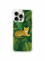 Yellow spotted wild cat lying among dark green leaves on a phone case.