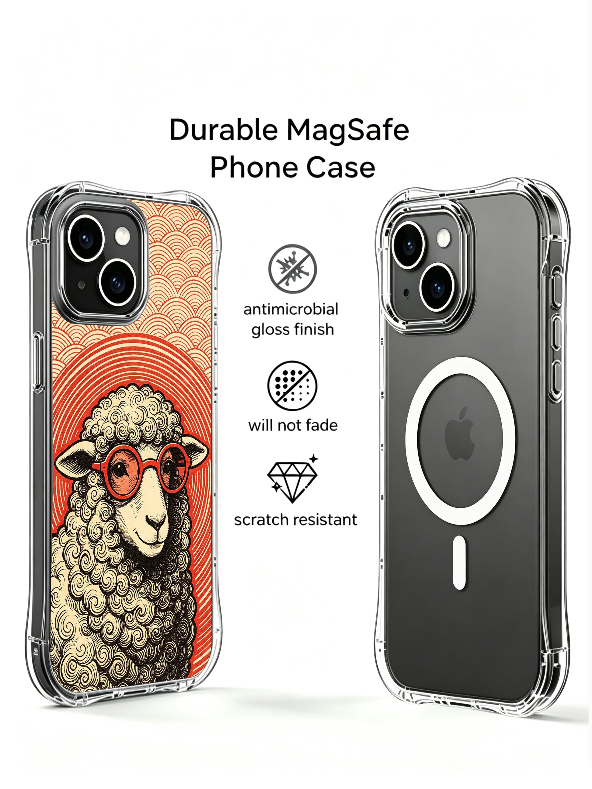 Classic woodcut print two-part backdrop: upper oriental red scale wave + lower red concentric ring sheep illustration featured on PhoneCasing iPhone 13 Case, licensed premium art phone casing made in USA as unique retro collectible gift for vintage poster fans