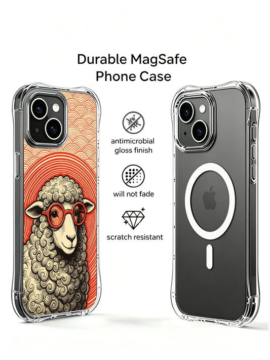 Classic woodcut print two-part backdrop: upper oriental red scale wave + lower red concentric ring sheep illustration featured on PhoneCasing iPhone 13 Case, licensed premium art phone casing made in USA as unique retro collectible gift for vintage poster fans