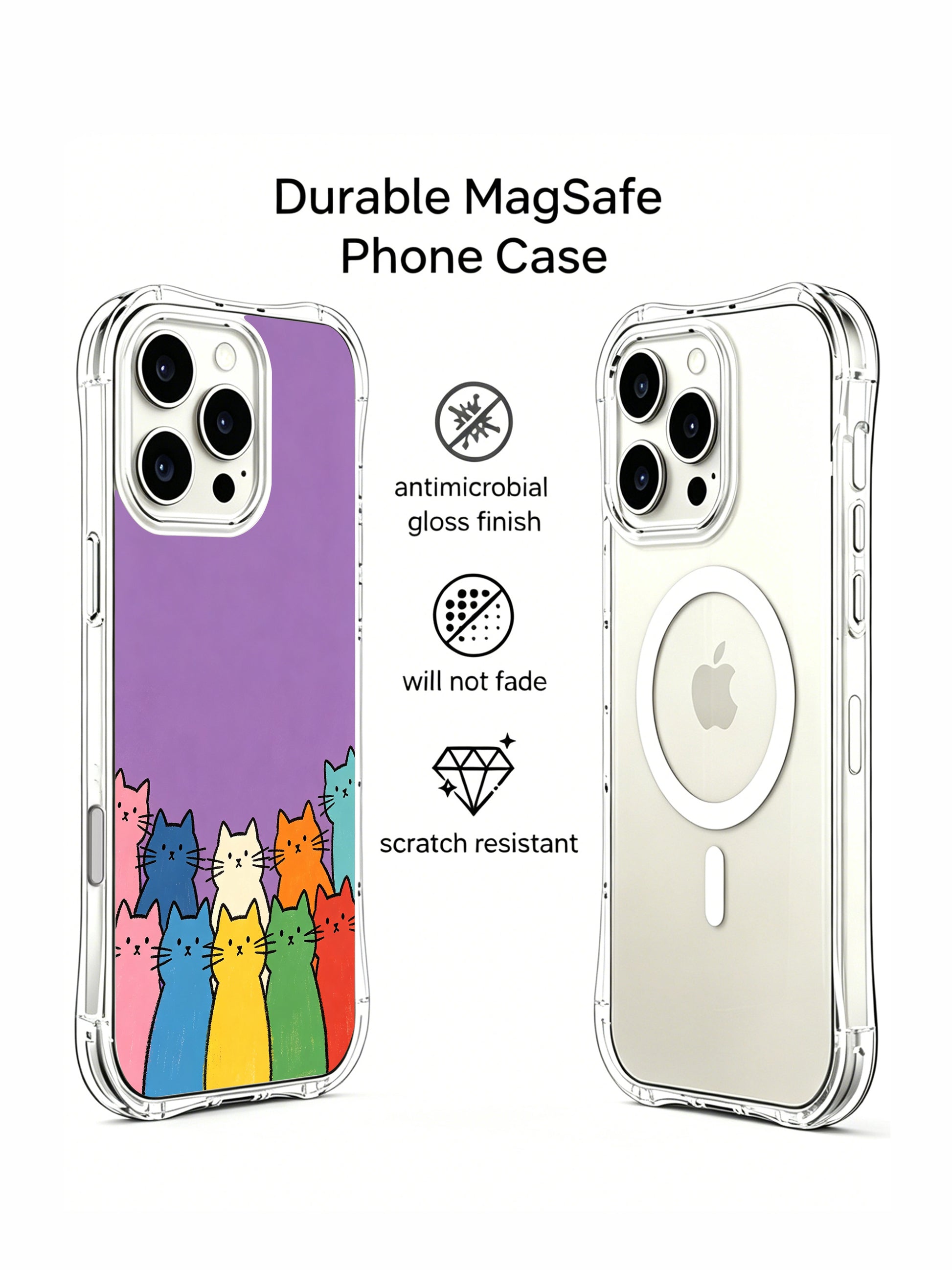 PhoneCasing iPhone 16 Pro Max with Joyful Cat Crew art, cheerful rainbow cats creating a lively yet calm atmosphere on a soft purple background.
