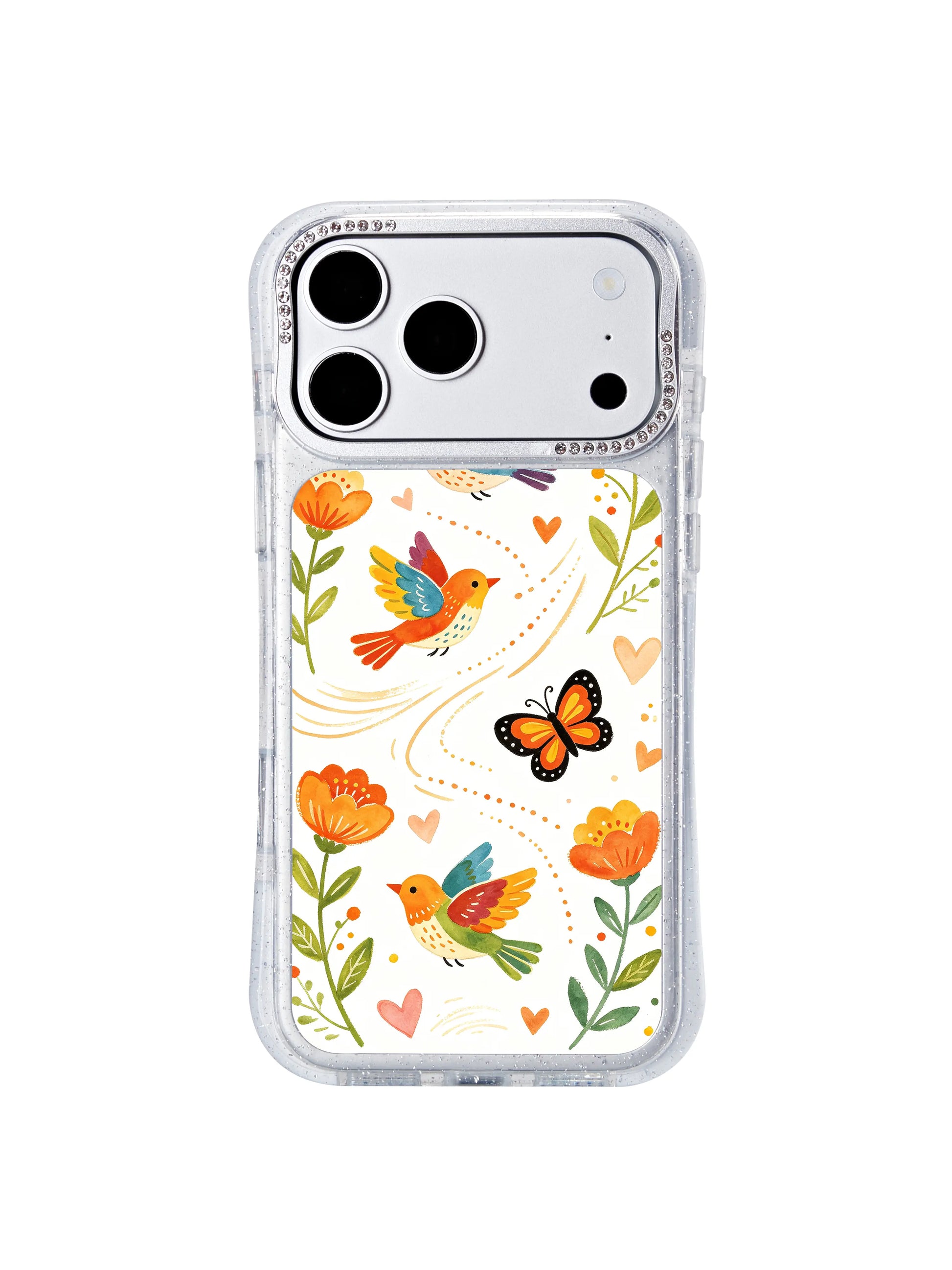 PhoneCasing unique birthday gift idea iphone 17 pro Max casing featuring Aurelia Finch’s joyful migrating bird and butterfly garden artwork for nature and art enthusiasts.