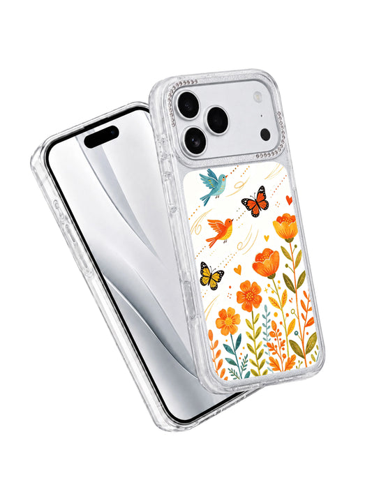 PhoneCasing boho floral iphone 17 pro Max casing designed by Aurelia Finch, featuring flying birds and butterfly motifs perfect for women who love whimsical free-spirited daily accessories.