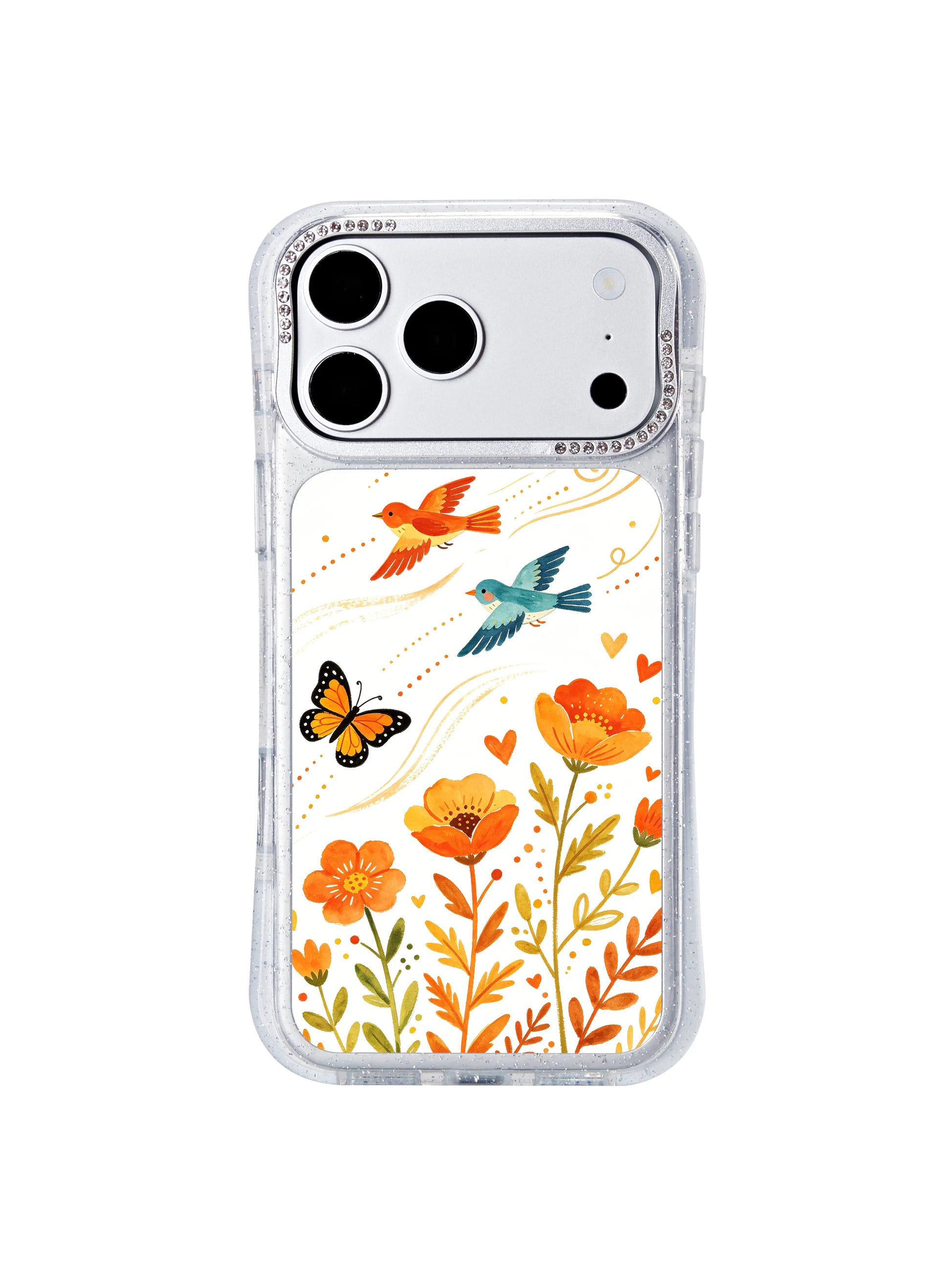 PhoneCasing charming folk flight art iphone 17 pro Max case from Aurelia Finch’s series, dynamic migrating bird, butterfly and floral motif with hand-drawn watercolor charm.
