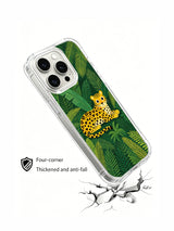 Green-leaf wild-cat case tilted over an illustrated cracked surface.