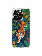 Wild energetic jungle flare tiger surrounded by colorful tropical blooms iPhone 13 pro Case by PhoneCasing, multi-tone palm leaf illustrated phone cover, UV-printed premium shockproof protective casing