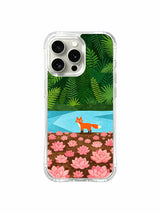 Fox in a jungle oasis artwork on an iPhone 15 Pro Max case