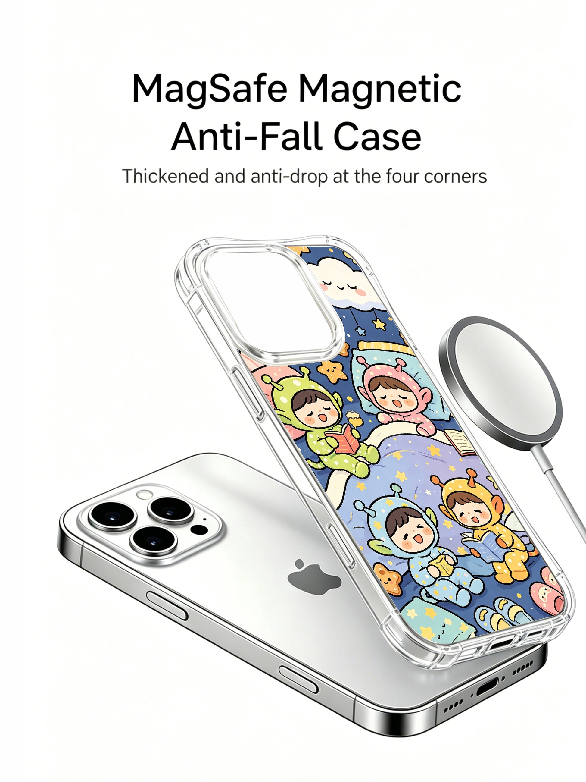 PhoneCasing iPhone 16 pro Case with hand-drawn kawaii alien sleepover art, exclusive Milo Yun design, gallery-quality print for everyday style.