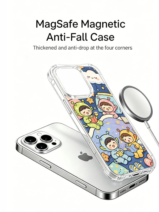 PhoneCasing iPhone 16 pro Case with hand-drawn kawaii alien sleepover art, exclusive Milo Yun design, gallery-quality print for everyday style.