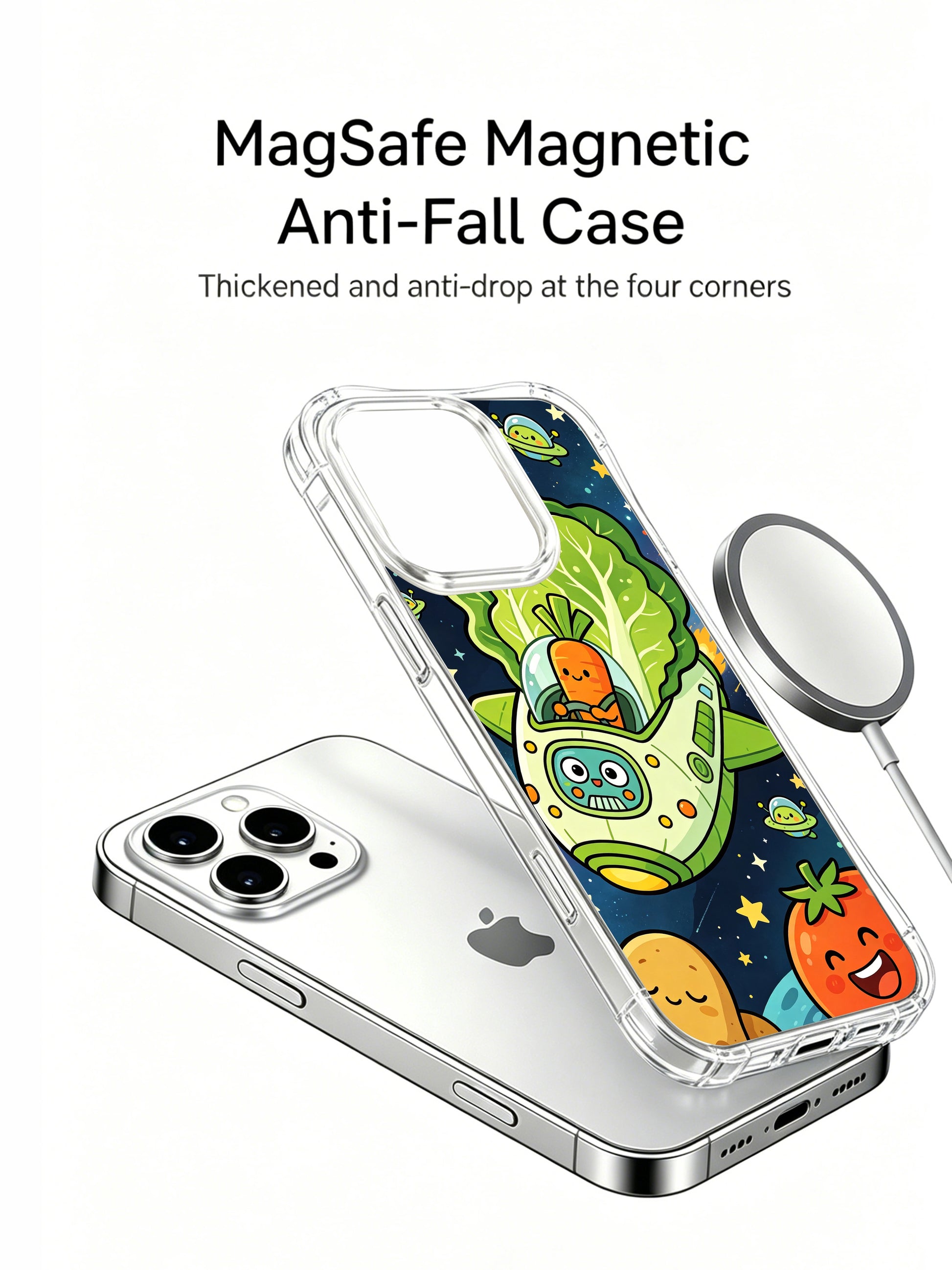 PhoneCasing iPhone 16 Pro Case with hand-drawn kawaii cabbage spaceship art, exclusive Milo Yun design, gallery-quality print for everyday style.