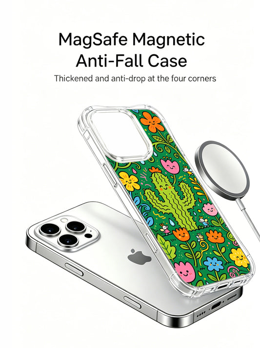 PhoneCasing iPhone 16 Pro Case with hand-drawn kawaii cactus and flower art, exclusive Milo Yun design, gallery-quality print for everyday style.