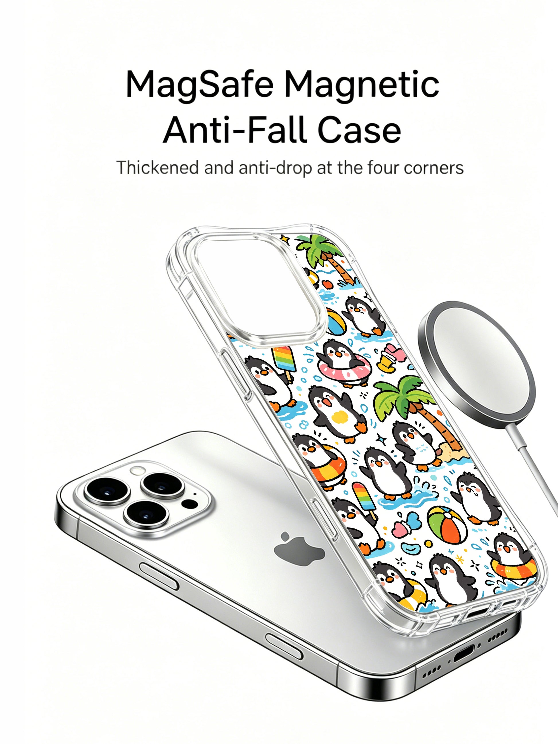 PhoneCasing iPhone 16 Pro Case with hand-drawn kawaii penguin beach art, exclusive Milo Yun design, gallery-quality print for everyday style.