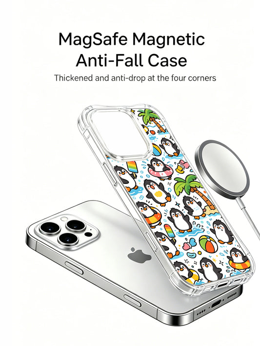 PhoneCasing iPhone 16 Pro Case with hand-drawn kawaii penguin beach art, exclusive Milo Yun design, gallery-quality print for everyday style.