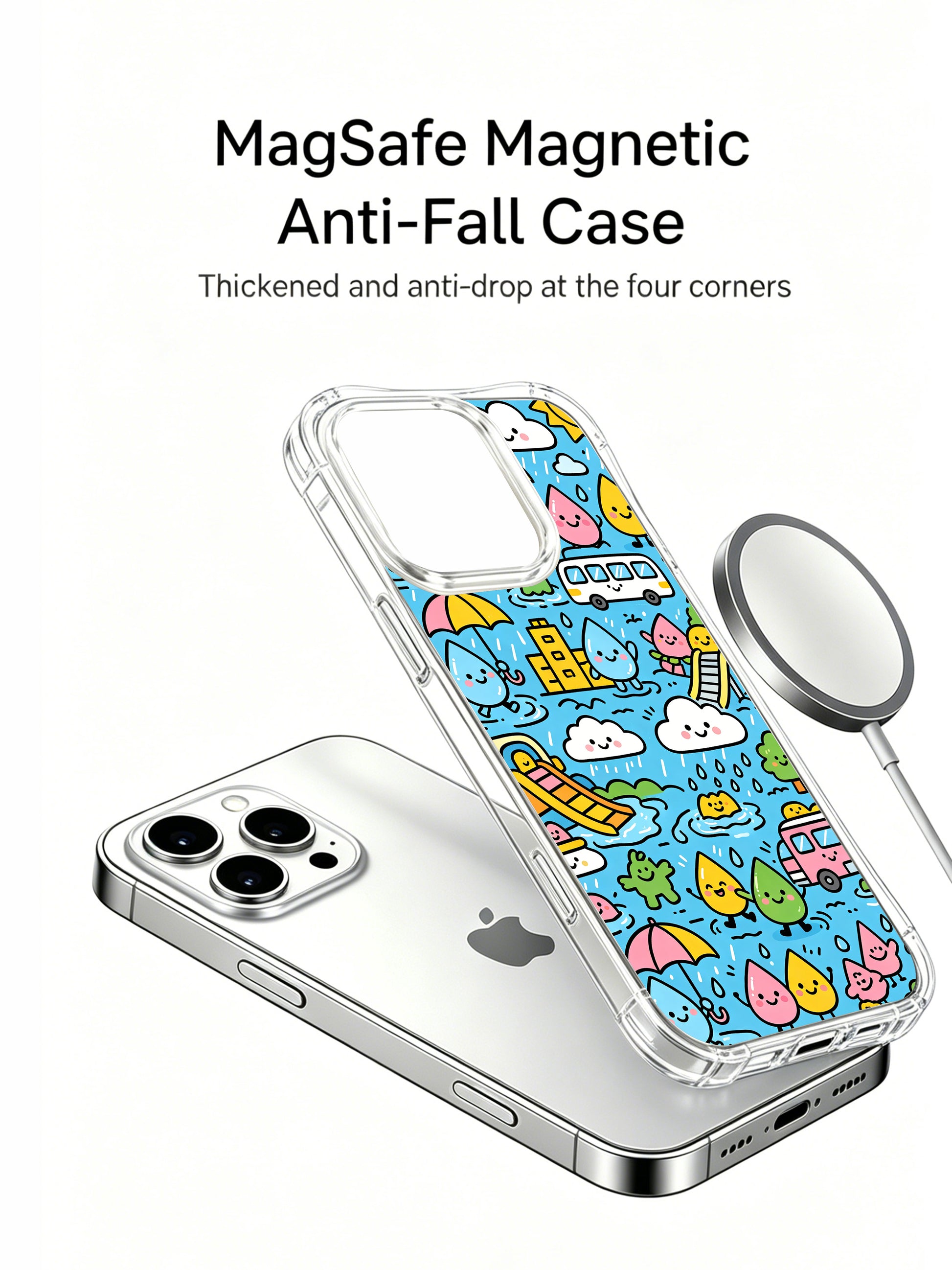PhoneCasing iPhone 16 Pro Case with hand-drawn kawaii raindrop art, exclusive Milo Yun design, gallery-quality print for everyday style.