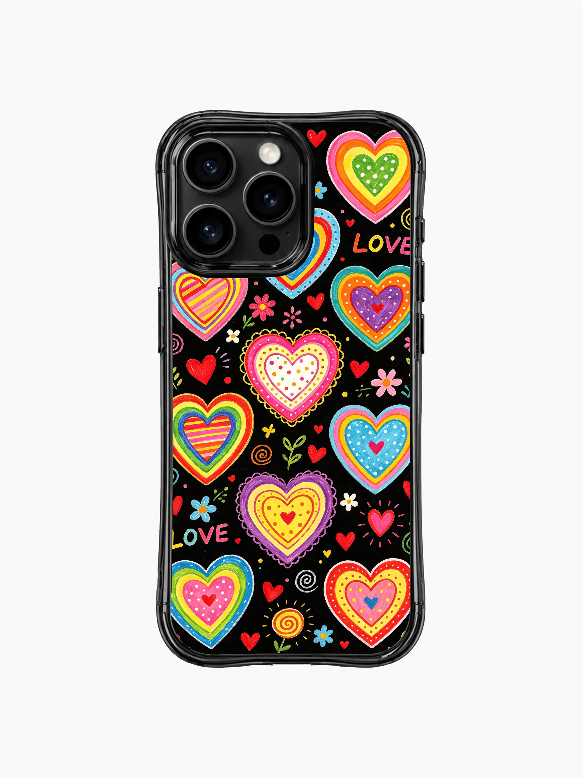 Kid-friendly valentine PhoneCasing iPhone 13 Pro Max cover, dark base full candy heart doodle pattern, saturated multicolor dot/stripe interior hearts and tiny floral dots