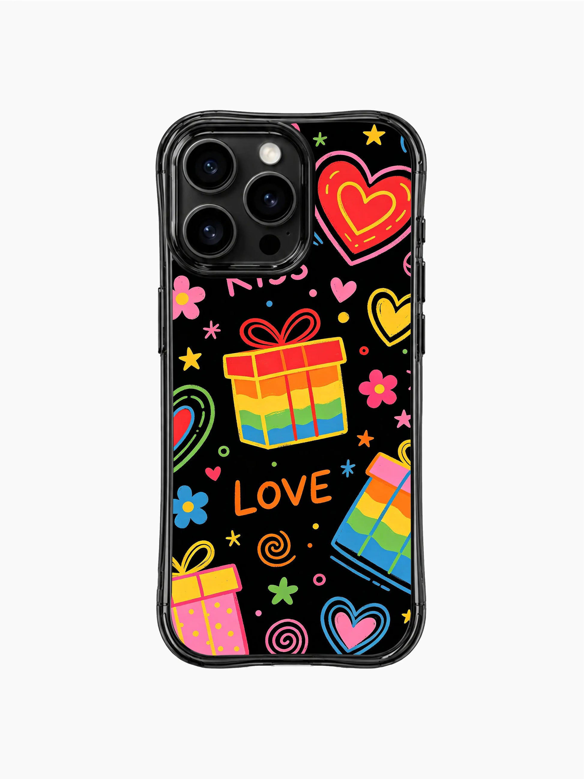 PhoneCasing iPhone 13 Pro Max cover blending handwritten KISS & LOVE text, rainbow hearts and ribbon gift boxes, cheerful street romance phone case.