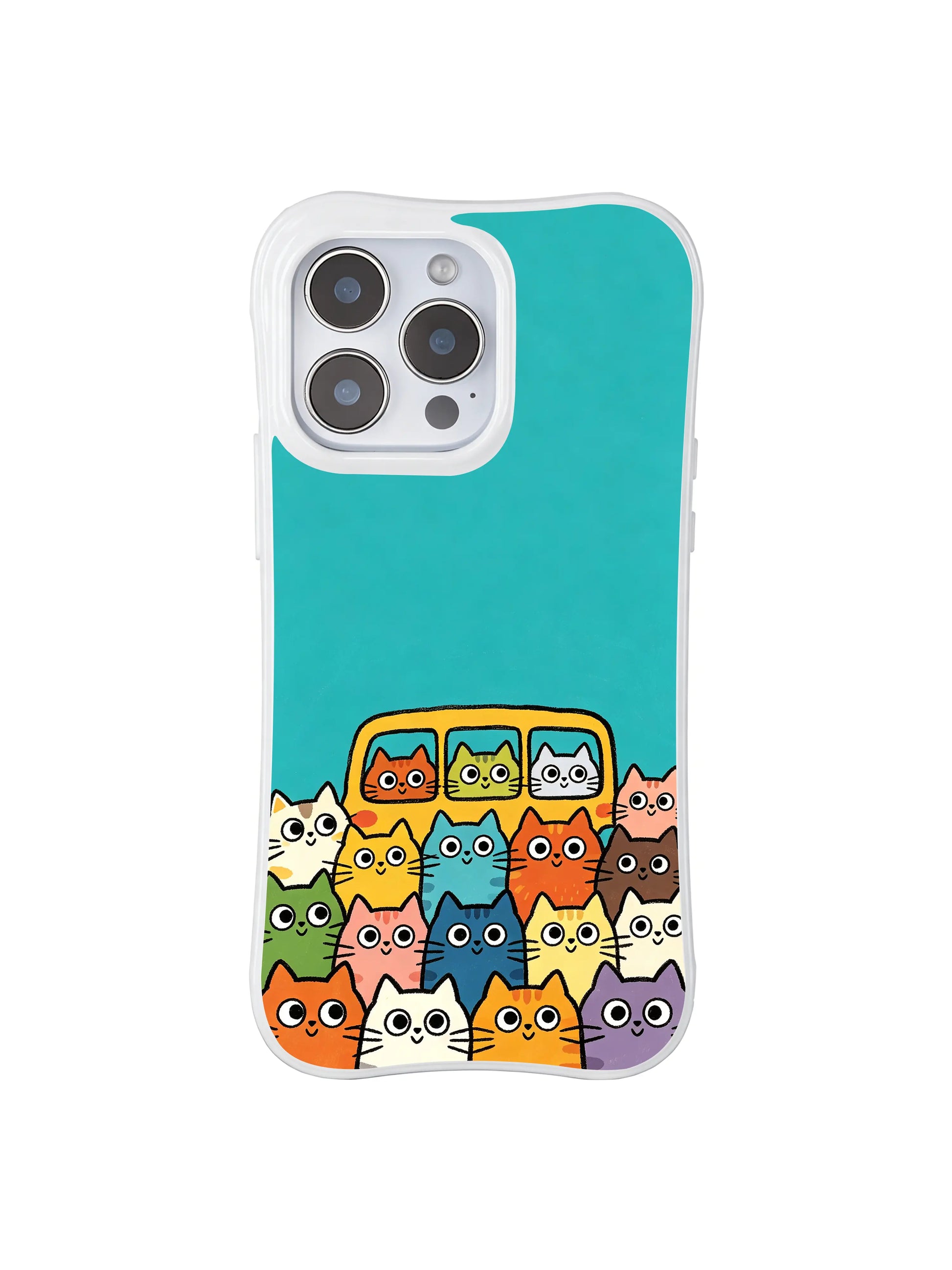 PhoneCasing iPhone 16 pro max clear case with an illustration of kittens on a bus, full of joy and togetherness.