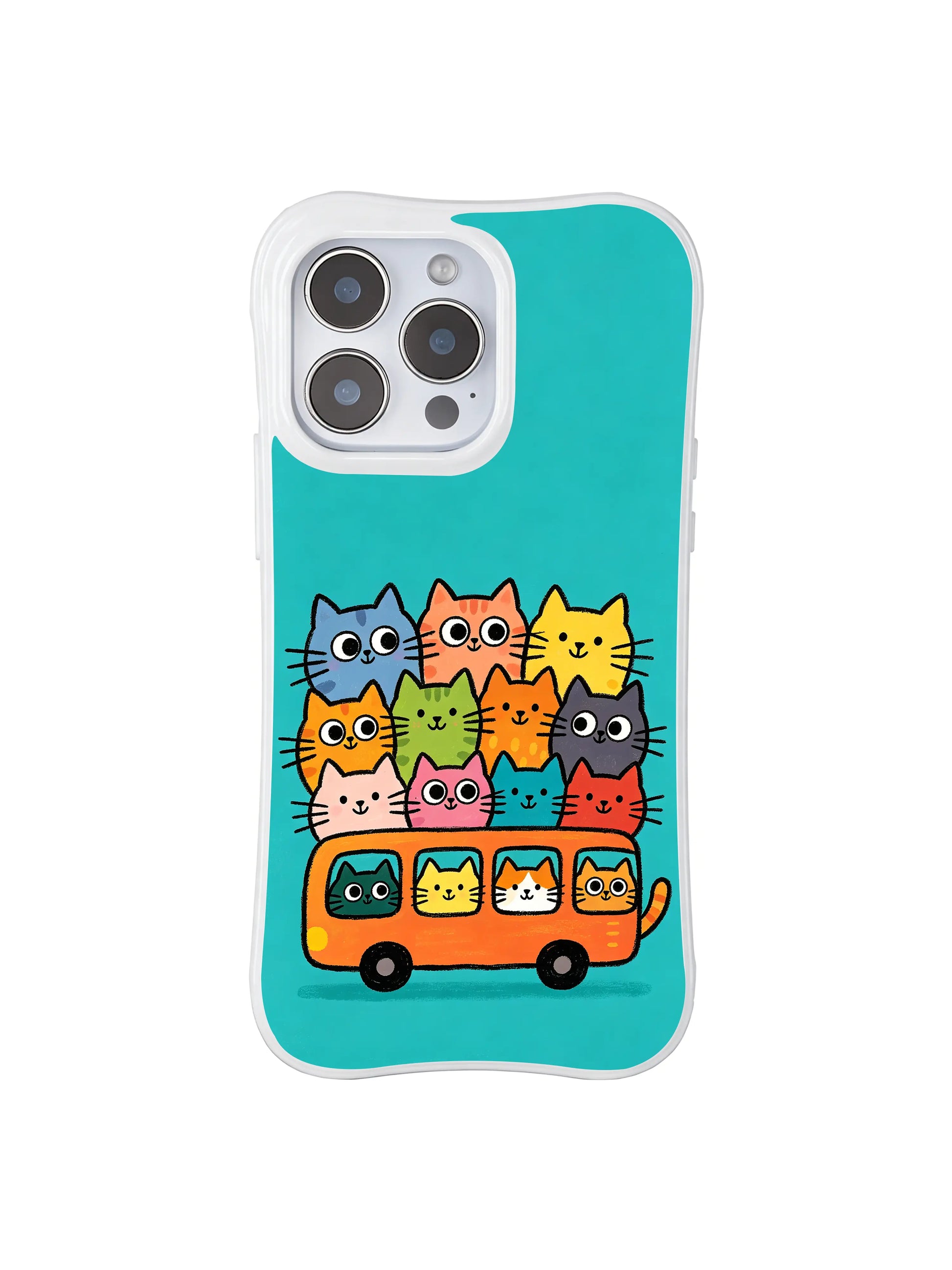 PhoneCasing iPhone 16 pro max scratch-resistant case featuring a whimsical design of kittens on a fun-filled bus ride.
