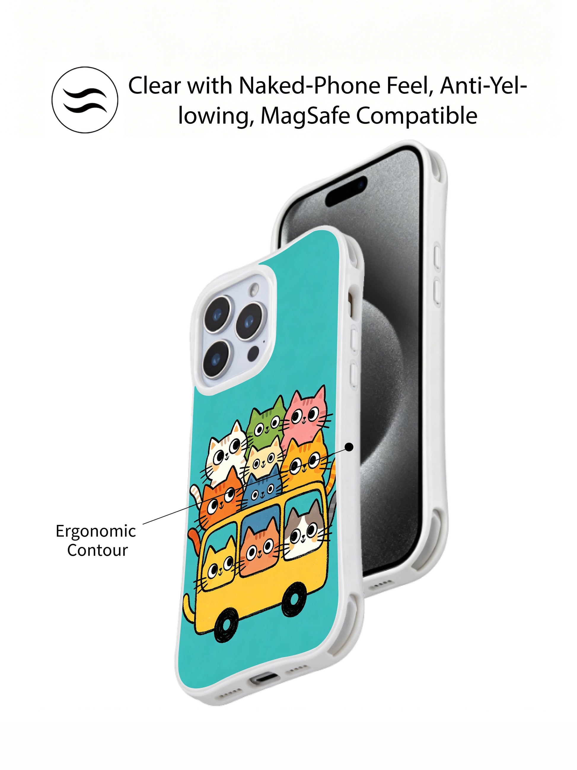 PhoneCasing iPhone 16 pro max protective case with a whimsical illustration of kittens packed on a fun-filled bus.