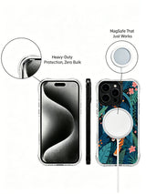 Vibrant orange lantern-like flowers lining tiger’s path inside shadowy tropical green palace iPhone 13 pro Case from PhoneCasing, everyday durable transparent iPhone 13 pro casing with deep midnight navy jungle background, bold courage themed decorative phone cover.