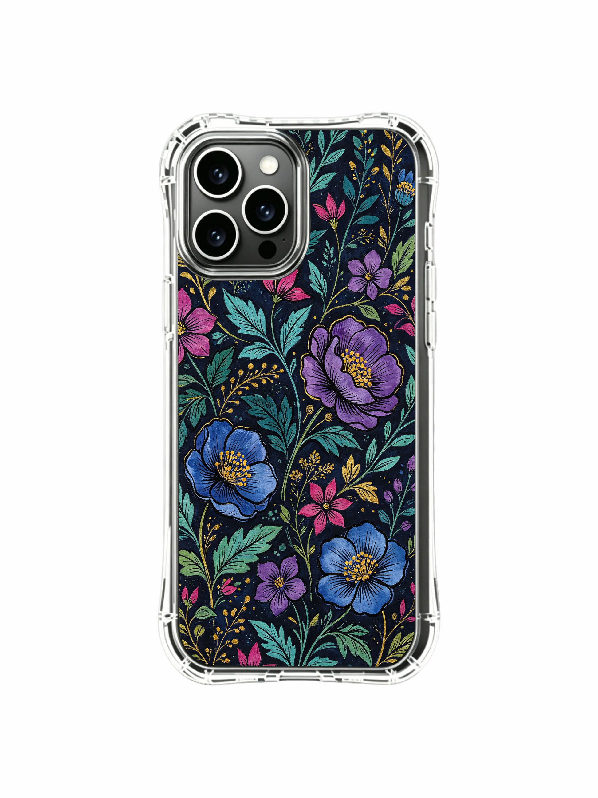 PhoneCasing iPhone 16 Pro Max Case with a lapis floral pattern, featuring flowers that resemble gemstones at night.