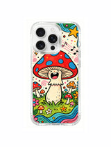 Large blue-spotted red mushroom with grass and flowers artwork on an iPhone 16 Pro Max case